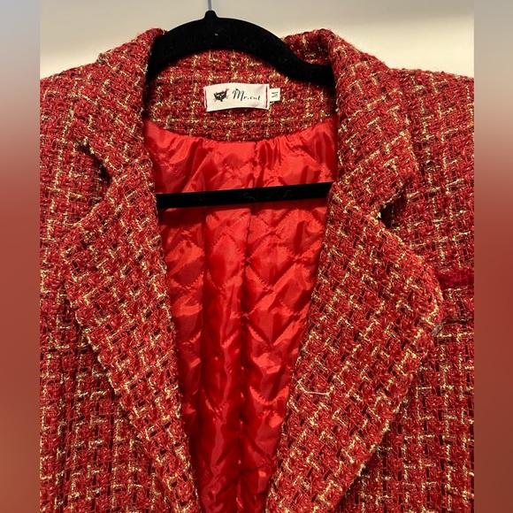 RED DOUBLE BREASTED PLAID TWEED SUIT JACKET - Picture 3 of 10